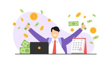 Maaşın vektör çizimi. Maaşından memnun olan ve tatile çıkmak isteyen bir adamla çizgi film sahnesi..