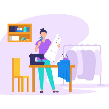 Terzinin vektör çizimi. Elbiseyi değiştiren ve ölçü alan kızların olduğu karikatür sahnesi.