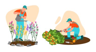 Bahçıvanların temsilcisi. Bahçıvanların beyaz arka plandaki çiçekleri, bitkileri ve çalıları suladığı karikatür sahnesi.