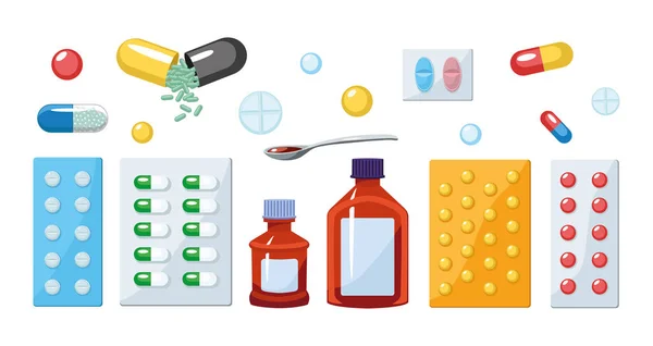 Çizgi Film Tarzında Renkli Ilaçlar Tabletler Haplar Antibiyotikler Beyaz Arka — Stok Vektör