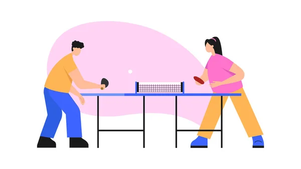 一对夫妇打乒乓球的矢量图解 卡通片场景 男孩和女孩在白色背景下打乒乓球 — 图库矢量图片