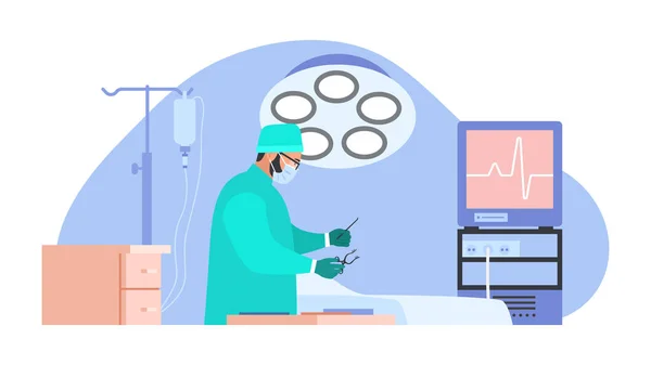 外科医生的病媒图解 卡通片场景 一位外科医生正准备在白底手术室做手术 — 图库矢量图片