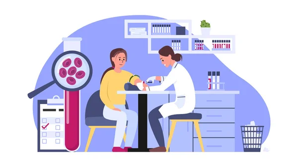 献血的病媒图解 在实验室用女孩献血检查疾病的卡通场景 — 图库矢量图片