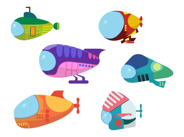 Набір Футуристичних Барвистих Підводних Човнів Мультиплікаційному Стилі Векторна Ілюстрація Підводних — стоковий вектор