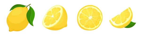 Set Fresh Yellow Lemons Cartoon Style Vector Illustration Fruits Whole — Stock Vector