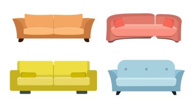Renkli kanepeleri çizgi film tarzında ayarla. Dinlenilecek yerlerin vektör illüstrasyonu ve beyaz arka plandaki iç mekanlar için TV izlemek.