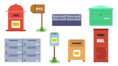Çizgi film tarzında renkli posta kutuları. Beyaz zemin üzerinde ahşap ve demir posta kutularının vektör illüstrasyonu.