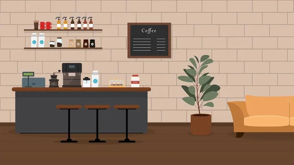 Vektorillustration Eines Schönen Cafés Cartoon Interieur Mit Theke Kaffeemaschine Tassen — Stockvektor
