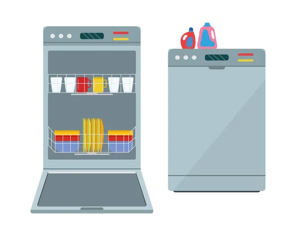 Ilustração Vetorial Belas Máquinas Lavar Louça Equipamento Limpeza Casa Lavadora —  Vetores de Stock
