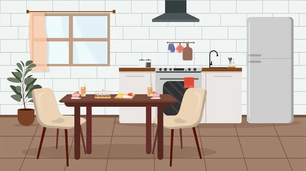 Vektorillustration Der Schönen Küche Cartoon Interieur Mit Spüle Geschirr Handtüchern — Stockvektor