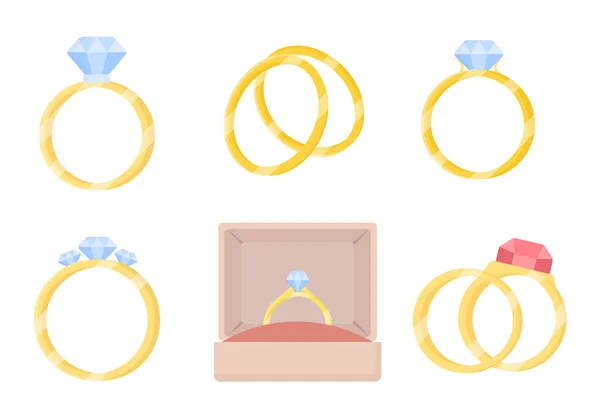 一套卡通风格的金婚戒指 男男女女带钻石和红宝石的结婚戒指的矢量图解 白色背景的昂贵珠宝 — 图库矢量图片