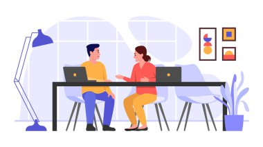 Vektör illüstrasyonu birlikte çalışıyor. Beyaz arka planda oturan ve işi tartışan kız ve erkekle çizgi film sahnesi.