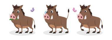 Beyaz arka planda şirin ve güzel yaban domuzları. Farklı pozlardaki çekici karakterler yaprak yerler, korkarlar, çizgi film tarzında mutlu yürürler..