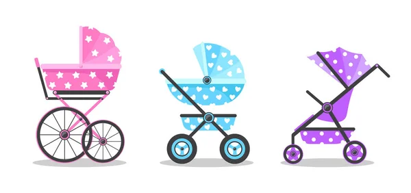 Set Colorful Baby Strollers Cartoon Style Vector Illustration Strollers Girls — Stock Vector
