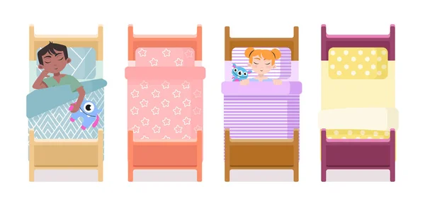 다채로운 스타일의 배경에 장난감으로 잠자는 소년과 소녀와 침대의 일러스트 — 스톡 벡터