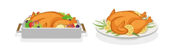 Set Colorful Baked Chicken Cartoon Style Vector Illustration Chicken Pan — Stock Vector