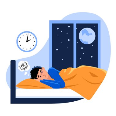 Vector illustration of insomnia. Depression. Cartoon scene with a guy who cant sleep at night white background. clipart