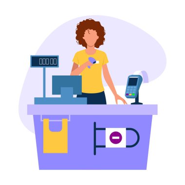 Kasiyerin vektör illüstrasyonu. Mağazadaki kasadaki satıcının beyaz arka planda sensörü olan karikatür sahnesi..