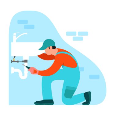 Tesisatçı illüstrasyonu. Beyaz arka planda evdeki lavaboyu tamir eden tesisatçıyla çizgi film sahnesi..