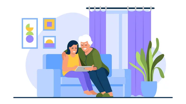 벡터화 할머니의 소파에 앉아서 태블릿을 즐거운 할머니와 손녀와 — 스톡 벡터