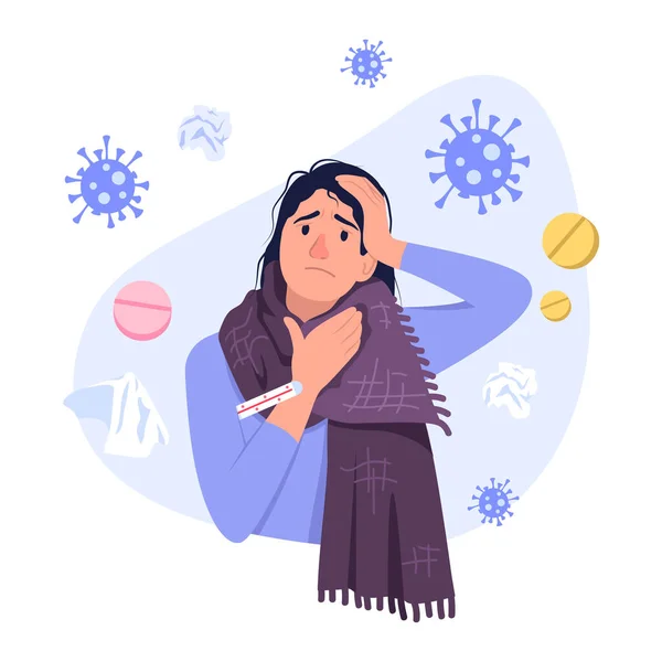 風邪やインフルエンザのベクターイラスト 漫画シーンとともに病気の女の子誰が温度を測定 彼女の丸薬の近くに 使用ナプキンとバジル白の背景 — ストックベクタ
