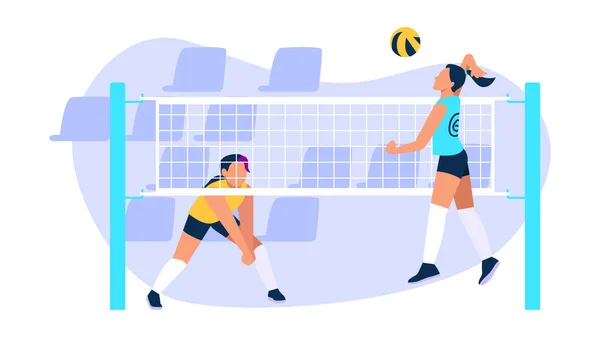 Vektorillustration Des Volleyballs Cartoon Szene Mit Mädchen Spielen Volleyball Sprung — Stockvektor