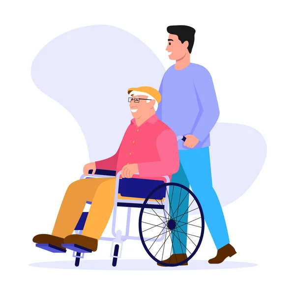 社会工作者的病媒图解 卡通片场景一个男人谁照顾养恤金领取者在白色背景的轮椅上 帮助和照顾他人 — 图库矢量图片