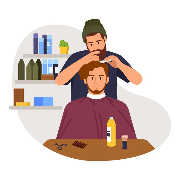 理发师的矢量图解 卡通片场景 理发师带着男人的头发 在白色背景下修剪胡子 — 图库矢量图片