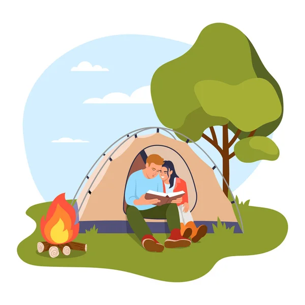 テントの中の人々のベクトルイラスト 火の近くのテントに座って白い背景の本を読んでいる男と女と漫画シーン 新鮮な空気でのレクリエーション — ストックベクタ