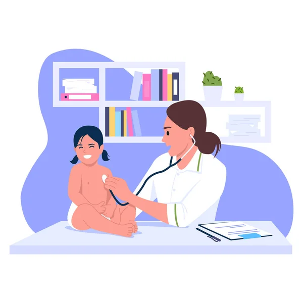 儿科的病媒图解 一个医生正在研究一个白人婴儿的卡通场景 一个病童坐在桌子上 — 图库矢量图片