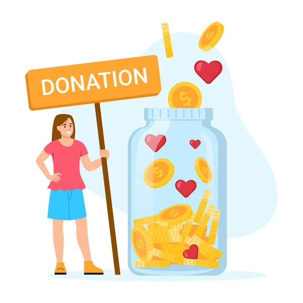 捐赠资金的矢量说明 卡通片场景与一个女孩谁收集捐款 喜欢在一个罐子白色背景 — 图库矢量图片