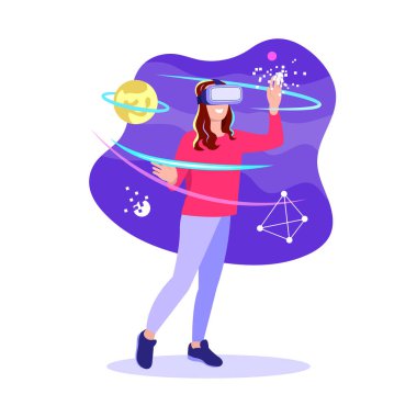 Sanal gerçekliğin temsili. Sanal bir kask takan bir kızın olduğu çizgi film sahnesi beyaz arka planda piksellerin dünyasına girdi..