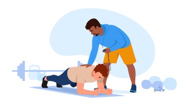 Çalışmanın vektör illüstrasyonu. Çizgi film sahnesinde adam barda duruyordu ve koç onu destekliyordu. Kettlebell ve beyaz arka plandaki halterin etrafında..