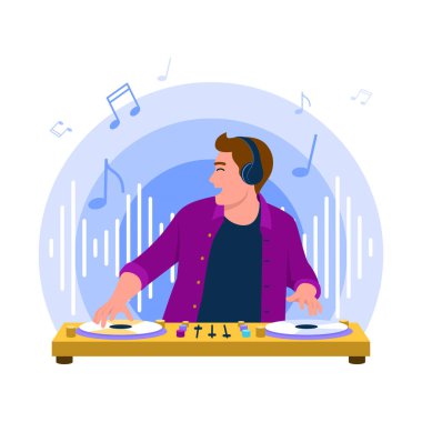DJ 'in vektör illüstrasyonu. Ekipman ve melodilerle müzik çalan bir adamın beyaz arka planda uçtuğu bir karikatür sahnesi..