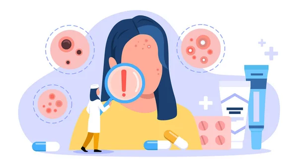 Derisi sorunlu bir kızın vektör çizimi. Cilt sorununu teşhis eden büyüteçle dermatolog doktorla çizgi film sahnesi ve beyaz arka planda izole edilmiş tedaviler..
