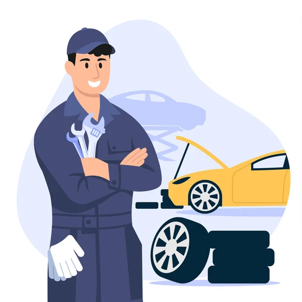 stock vector Vector illustration of auto mechanics.A cartoon scene with a guy fix cars at a tire repair shop, change wheels and holds wrenches on white background.