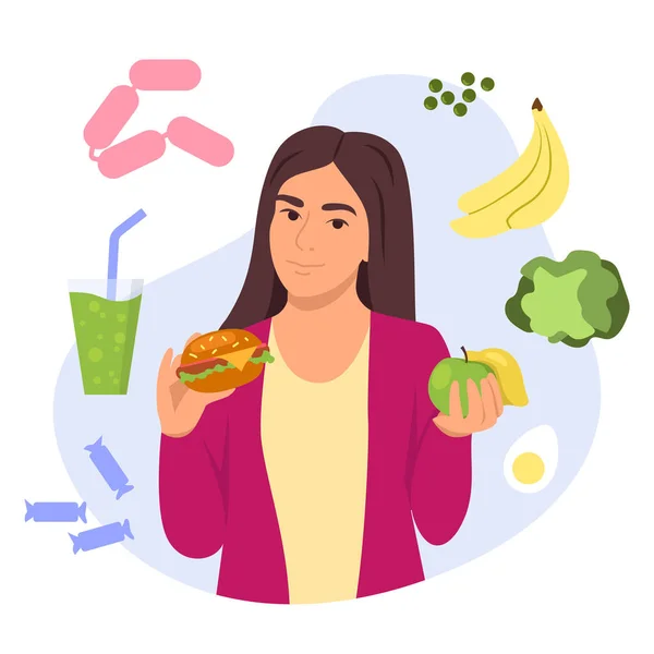 Vector Illustration Healthy Unhealthy Food Cartoon Scene Girl Who Thinking — Stock Vector