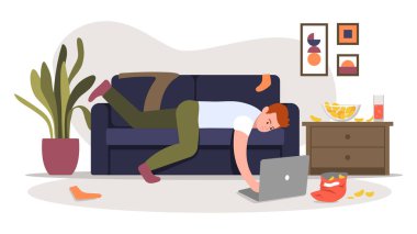 Vector illustration of laziness. Cartoon scene with a guy who lies on the couch and clothes and chips are scattered around the floor on white background. clipart