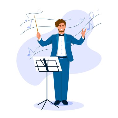 Vector illustration of conductor. Cartoon scene with a boy who sets the beat of melody and notes fly around him on white background. clipart
