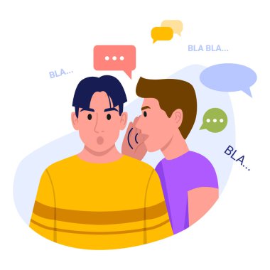 Dedikoduların temsilcisi. Beyaz arka planda başkalarının dedikodularını sessizce tartışan adamlarla karikatür sahnesi..