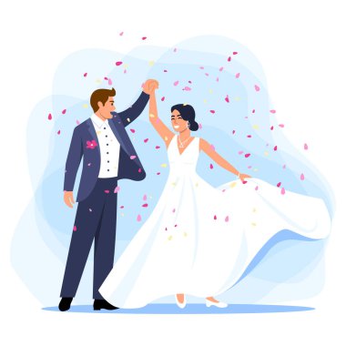 Yeni evlilerin vektör illüstrasyonu. Yeni evlenmiş ve aile olmuş mutlu bir çiftin olduğu çizgi film sahnesi beyaz arka planda konfeti serpiştiriliyor..