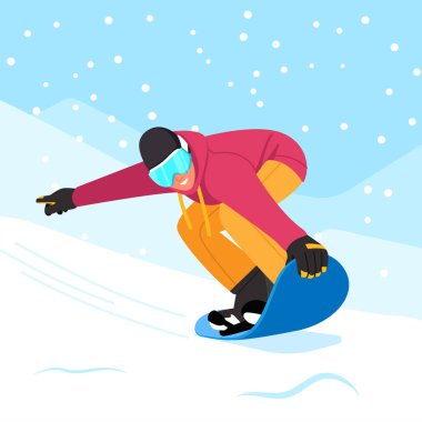 Snowboard sporcusunun vektör çizimi. Karlı bir dağdan snowboard 'a binen bir adamla çizgi film sahnesi..