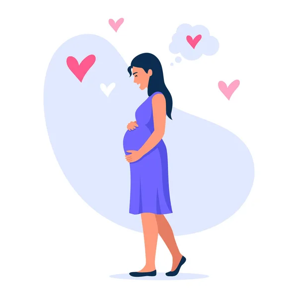 Vector Illustration Beautiful Smiling Pregnant Woman Holding Her Belly Cartoon — Stock Vector