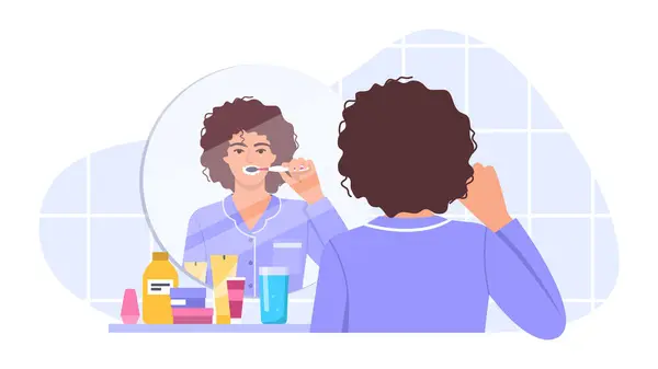 刷牙的矢量图解 卡通片场景 一个女孩在白色背景的镜子前刷牙 — 图库矢量图片
