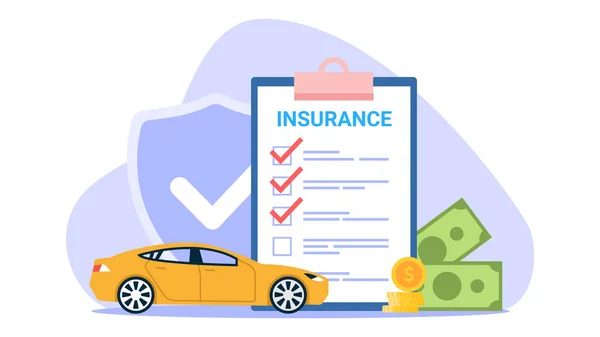 汽车保险的矢量图解 卡通片场景与一辆汽车保险的所有情况下 很多钱的白色背景 — 图库矢量图片