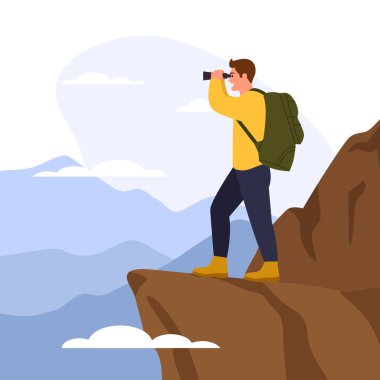 Vector illustration of a boy who climbed a mountain and looked through binoculars. Cartoon scene with a boy traveler with a backpack who looks from the mountain through binoculars isolated on a white. clipart