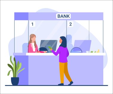 Bankadan para alan bir kızın vektör çizimi. Bir kız müşterinin, banka müdüründen para aldığı bir karikatür sahnesi. Kasanın penceresinden izole edilmiş beyaz bir arka plan..