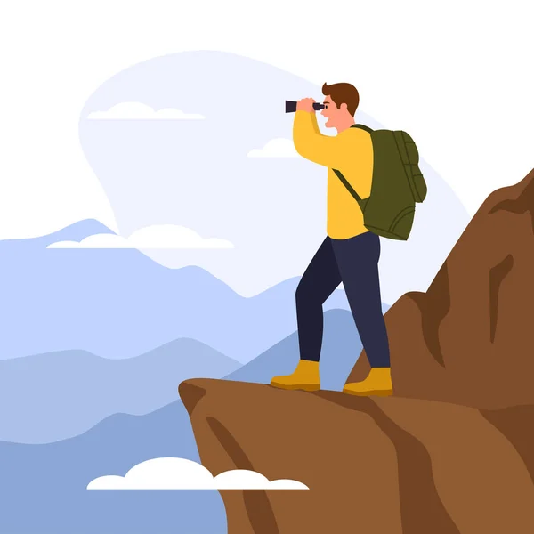 stock vector Vector illustration of a boy who climbed a mountain and looked through binoculars. Cartoon scene with a boy traveler with a backpack who looks from the mountain through binoculars isolated on a white.