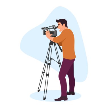 Videocu bir çocuğun vektör illüstrasyonu. Kameraman bir çocuğun elinde kamerayla beyaz bir tripodun üzerinde durduğu bir karikatür sahnesi. Videografi, sinema, düğün, TV kameramanı.