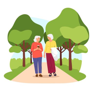 Yürüyüşe çıkmış iki güzel yaşlı kadının vektör çizimi. Gülen gri saçlı kadınların olduğu bir çizgi film sahnesi. Bir yaz günü ağaçlarla, çalılarla ve konuşmalarla dolu bir parkta yürüyorlar..
